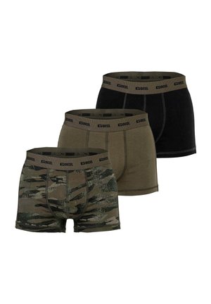 Drei Diesel Herren-Boxershorts in Schwarz, einfarbig Olivgrün und grünem Camouflage, jeweils mit gebrandetem Bund.