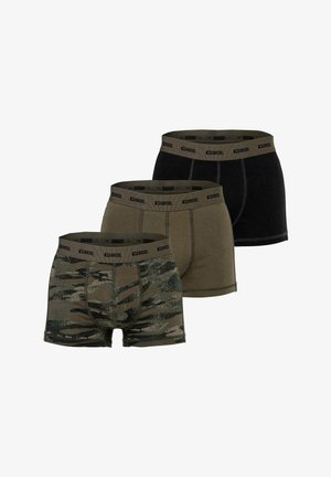 Drei Diesel Herren-Boxershorts in Schwarz, einfarbig Olivgrün und grünem Camouflage, jeweils mit gebrandetem Bund.