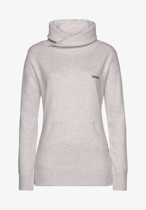 Sudadera con capucha de manga larga en gris claro, con bolsillo tipo canguro en el frente, cuello envolvente y pequeño logo dorado "Bench" en el pecho.