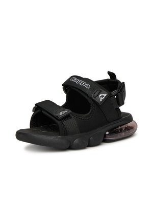 Sort Kappa-sandal med to justerbare remme, polstret sål og gennemsigtig hælstøtte med luftboble.