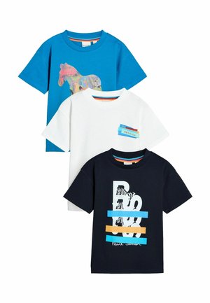 Three t-shirts: blue with a colorful horse design, white with a blue label detail, and navy with bold text and striped accents.