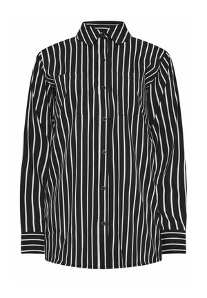 Chemise à manches longues à rayures noires et blanches, avec un col, deux poches poitrine et un ourlet droit. Le tissu semble lisse.