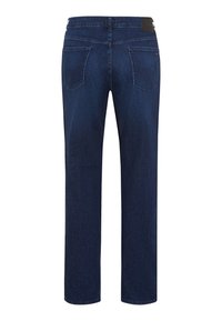 Dunkelblaue Jeans aus Denim mit geradem Bein, ausgestattet mit zwei Gesäßtaschen und einem schwarzen Logoetikett am Bund.