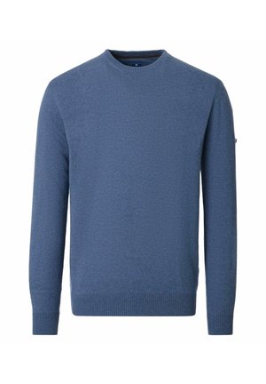 Blå langærmet crewneck-trøje med ribbede manchetter og kant, vist forfra på en hvid baggrund.