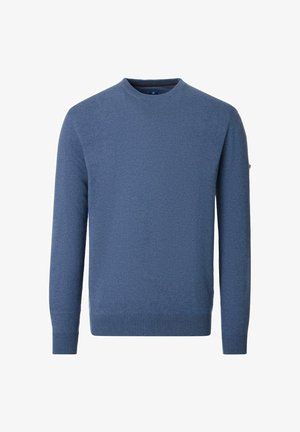 Blå langærmet crewneck-trøje med ribbede manchetter og kant, vist forfra på en hvid baggrund.