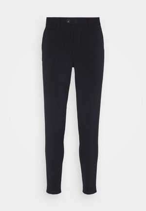 Navyblaue, taillierte Hose mit schlankem Schnitt, ausgestattet mit einem Knopfverschluss, seitlichen Taschen und einem glatten, leicht strukturierten Stoff.