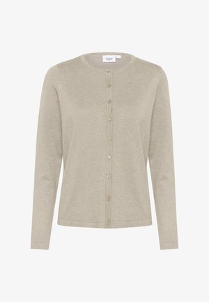 Ljusgrå cardigan tillverkad av fint stickat material. Har en rund halsringning, långa ärmar och en sexknappslåsning fram.