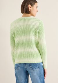 Pull tricoté rayé vert et blanc avec une coupe décontractée, un tissu texturé et des poignets côtelés ; associé à un jean en denim bleu.