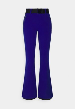 Pantalon évasé taille haute bleu avec ceinture noire réglable et poches avant zippées, conçu pour une coupe ajustée.