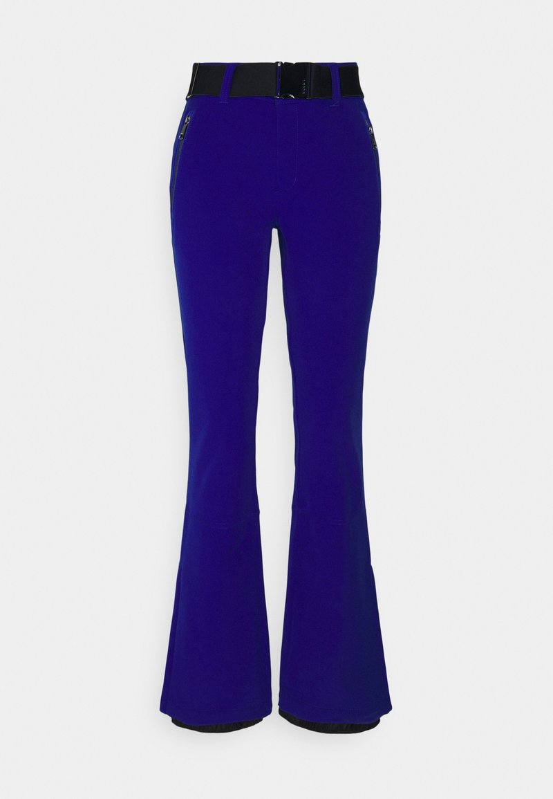 Pantalon évasé taille haute bleu avec ceinture noire réglable et poches avant zippées, conçu pour une coupe ajustée.