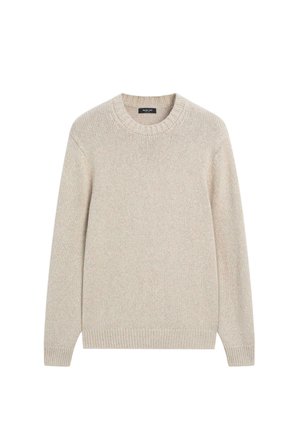 Beige strikket sweater med rund hals, lange ærmer, ribbede manchetter og kant, med et tekstureret stof med et diskret mønster.