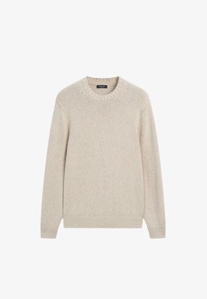 Beiger Strickpullover mit rundem Ausschnitt, langen Ärmeln, gerippten Bündchen und Saum, aus strukturiertem Stoff mit einem dezenten Muster.