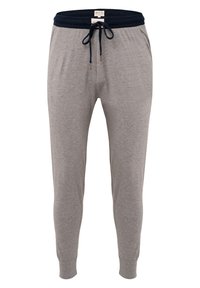 Grijze katoenen joggers met een marineblauwe elastische tailleband, voorzien van een koord en taps toelopende benen met elastische boorden bij de enkels.