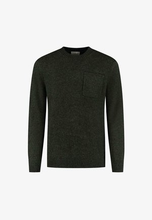 Dark green crew neck sweater with long sleeves and a small chest pocket, featuring ribbed cuffs and hem.