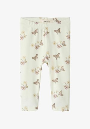 Cremefarbene Baby-Leggings mit einem durchgehenden Muster aus beigen und rosa Schmetterlingen und Blumen, mit einem Lil' Atelier Etikett.