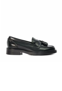Black leather loafers with a slight sheen, featuring a front tassel and a low, chunky heel. Smooth texture with detailed stitching.