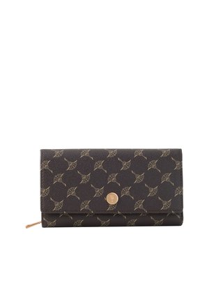 Dark brown wallet with gold geometric floral patterns, a circular gold button, and a zipper pull on the side.