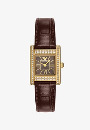 Rechteckige goldene Uhr mit braunem Lederarmband, mit Kristallen besetzter Lünette und braunem Zifferblatt mit goldenen römischen Ziffern und Zeigern.