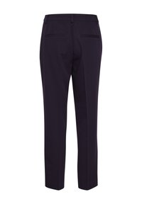 Pantalons ajustés en tissu bleu marine foncé, avec une coupe slim, deux poches arrière et une taille épurée sans fermetures visibles.