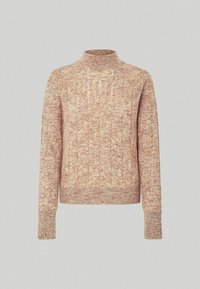 Sweter dzianinowy w jasnym beżu z delikatnymi różnicami w kolorze. Posiada wysoki dekolt, ściągacze oraz wzór o teksturowej strukturze.