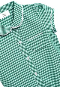 Zelené gingham šaty s okrúhlym golierom, krátkymi nariasenými rukávmi, piatimi gombíkmi a náprsníkom s bielym detailom.