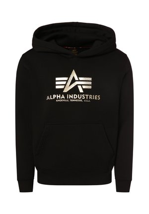 Schwarzer Hoodie aus Baumwollmischung. Verfügt über eine Fronttasche, gerippte Bündchen und Saum sowie ein reflektierendes silbernes Logo-Design auf der Brust.