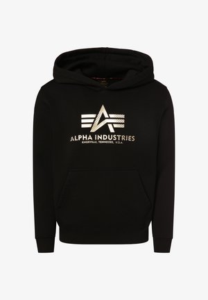 Black hoodie made of cotton blend. Features a front pocket, ribbed cuffs and hem, with a reflective silver logo design on the chest.