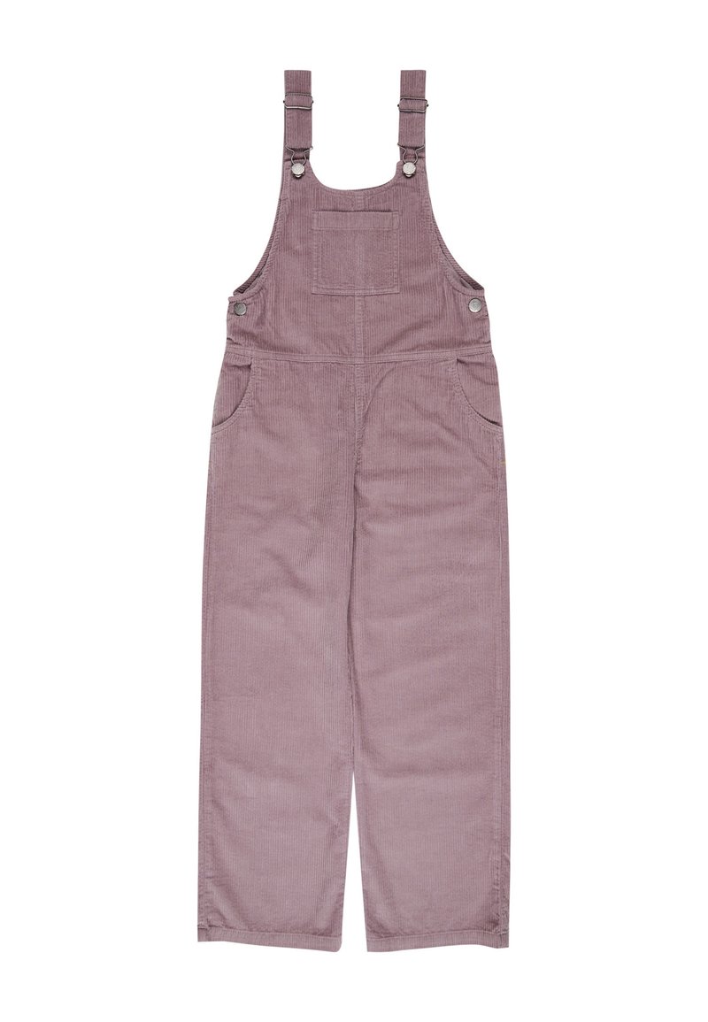 Salopette in corduroy di colore lavanda tenue. Presenta bretelle regolabili, tasca frontale e due tasche laterali. Design a gamba dritta e morbida.
