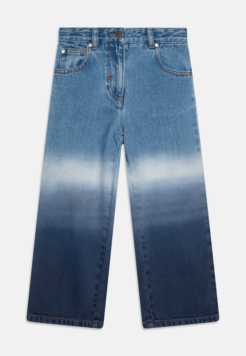 Modri traper hlače s širokimi nogavicami, ki imajo ombre učinek, od svetle do temne proti robu, z natančnim šivanjem in sprednjimi žepi.