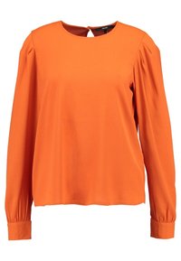 Orange langærmet bluse med rund halsudskæring, sammensnørede skuldersømme og knaplukning bagpå. Glat stof og tætsiddende manchetter.