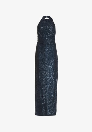 Robe de soirée bleu marine avec un design à col halter, couverte de sequins, silhouette ajustée, et une fente en bas pour la mobilité.