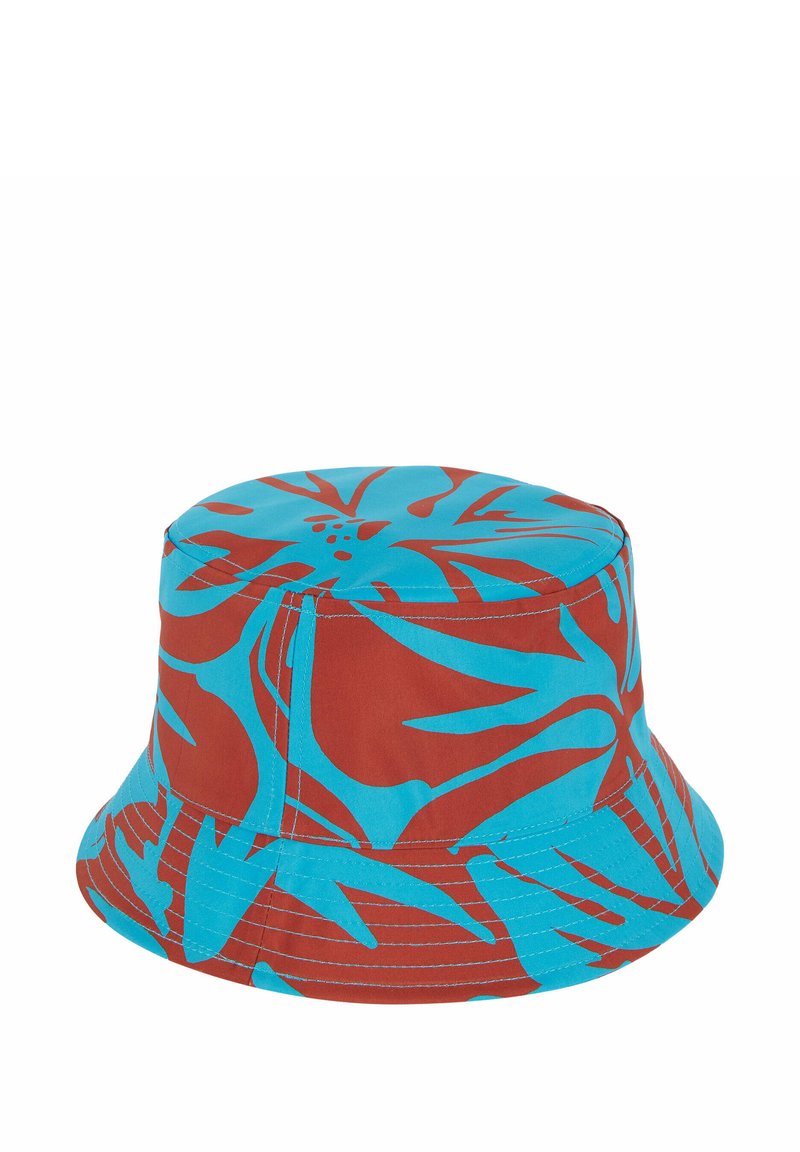 Cappello a secchiello in blu e ruggine con un grande motivo floreale; realizzato in tessuto con una texture liscia; presenta una larga visiera inclinata verso il basso.