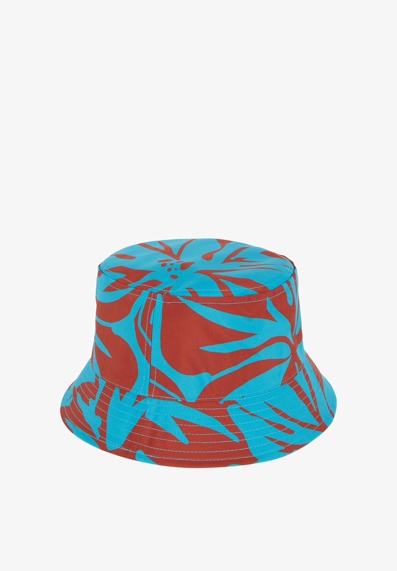 Cappello a secchiello in blu e ruggine con un grande motivo floreale; realizzato in tessuto con una texture liscia; presenta una larga visiera inclinata verso il basso.