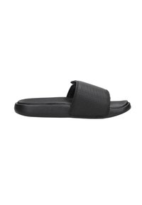 Black slide sandal with a textured strap and smooth sole. Features a wide band for foot coverage and a minimalistic design.
