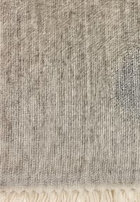 Tessuto intrecciato in grigio chiaro con superficie testurizzata. Presenta un bordo frangiato color crema nella parte inferiore e sottili variazioni di motivo.