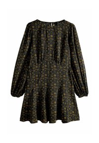 Sort kjole med lange pufærmer og en flæset kant, der har et gentagende gyldent mønster med forskellige former og symboler. Lynlås i ryggen.