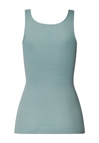 Top senza maniche di colore azzurro chiaro, realizzato in un tessuto morbido; presenta un collo rotondo e una vestibilità aderente. Texture liscia, senza motivi visibili.
