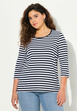 Camicia a maniche lunghe a righe blu marine e bianche con scollatura rotonda e maniche a tre quarti, realizzata in tessuto morbido, caratterizzata da una vestibilità comoda.