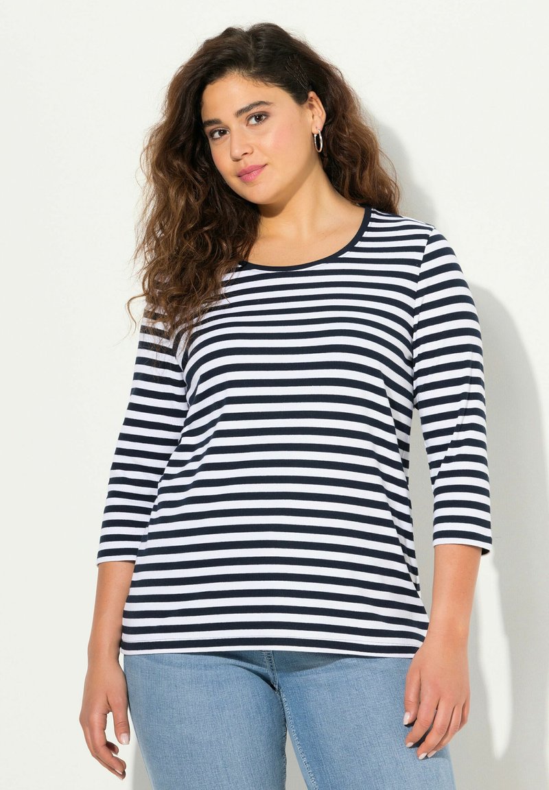 Gestreifte, navyblaue und weiße Langarmshirt mit Rundhalsausschnitt und 3/4-Ärmeln, aus weichem Stoff, in lockerer Passform.
