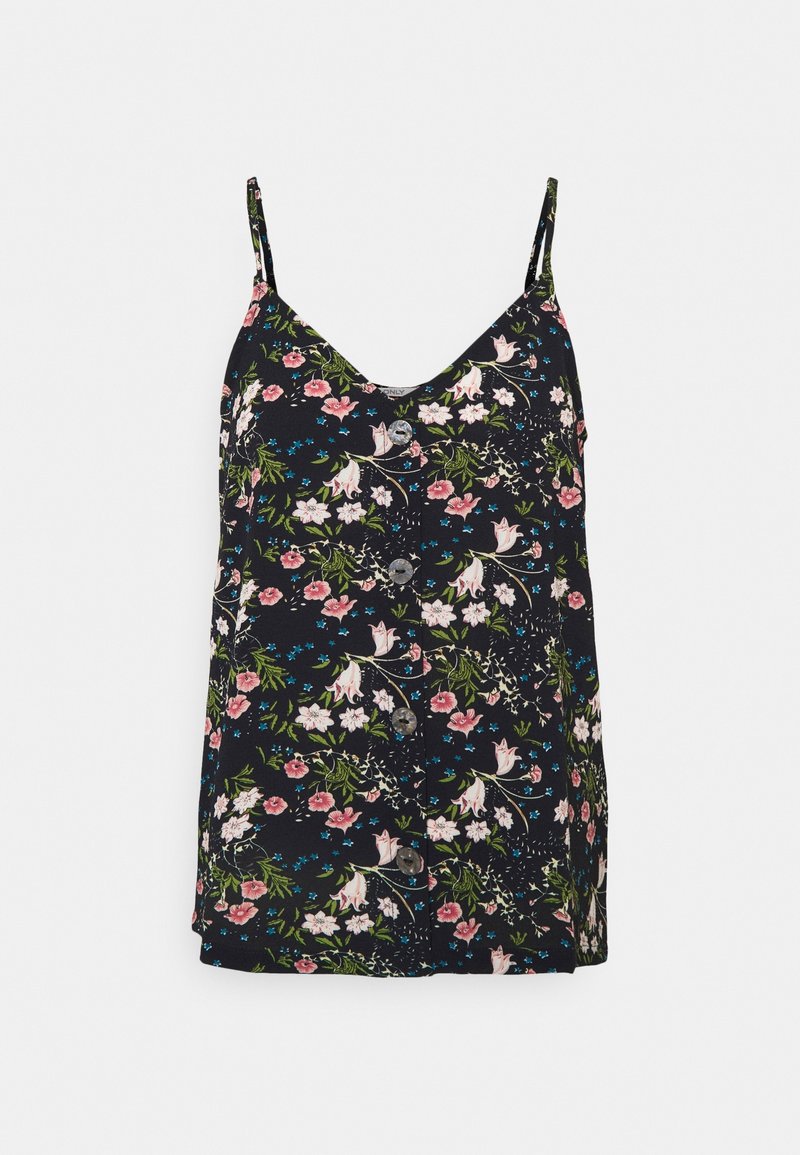 Blouse noire sans manches à motif floral, avec de fines bretelles et des boutons à l'avant, ornée de fleurs roses, blanches et bleues avec des feuilles vertes.