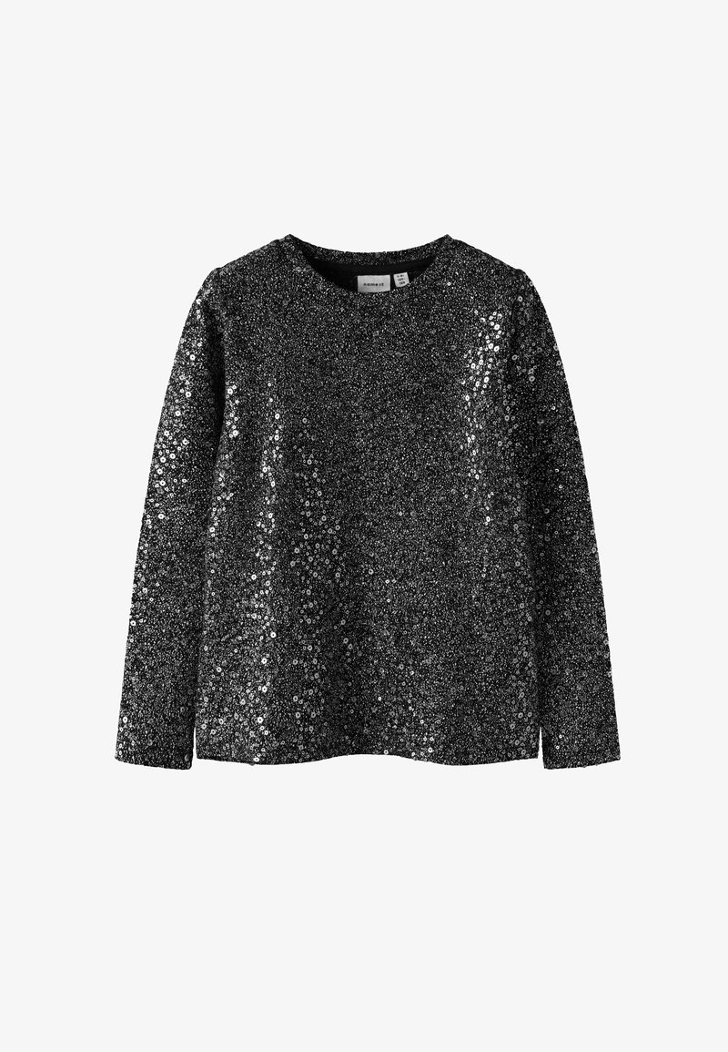 Black long-sleeve shirt covered in sequins, featuring a round neckline and an unembellished hem. The material has a smooth, reflective texture.