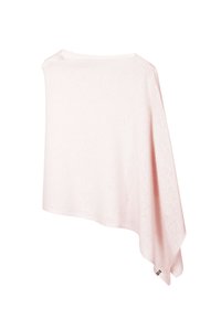 Écharpe rose, légère, avec une texture douce, de forme rectangulaire et un col rond. Présente une petite étiquette de marque dans un coin.