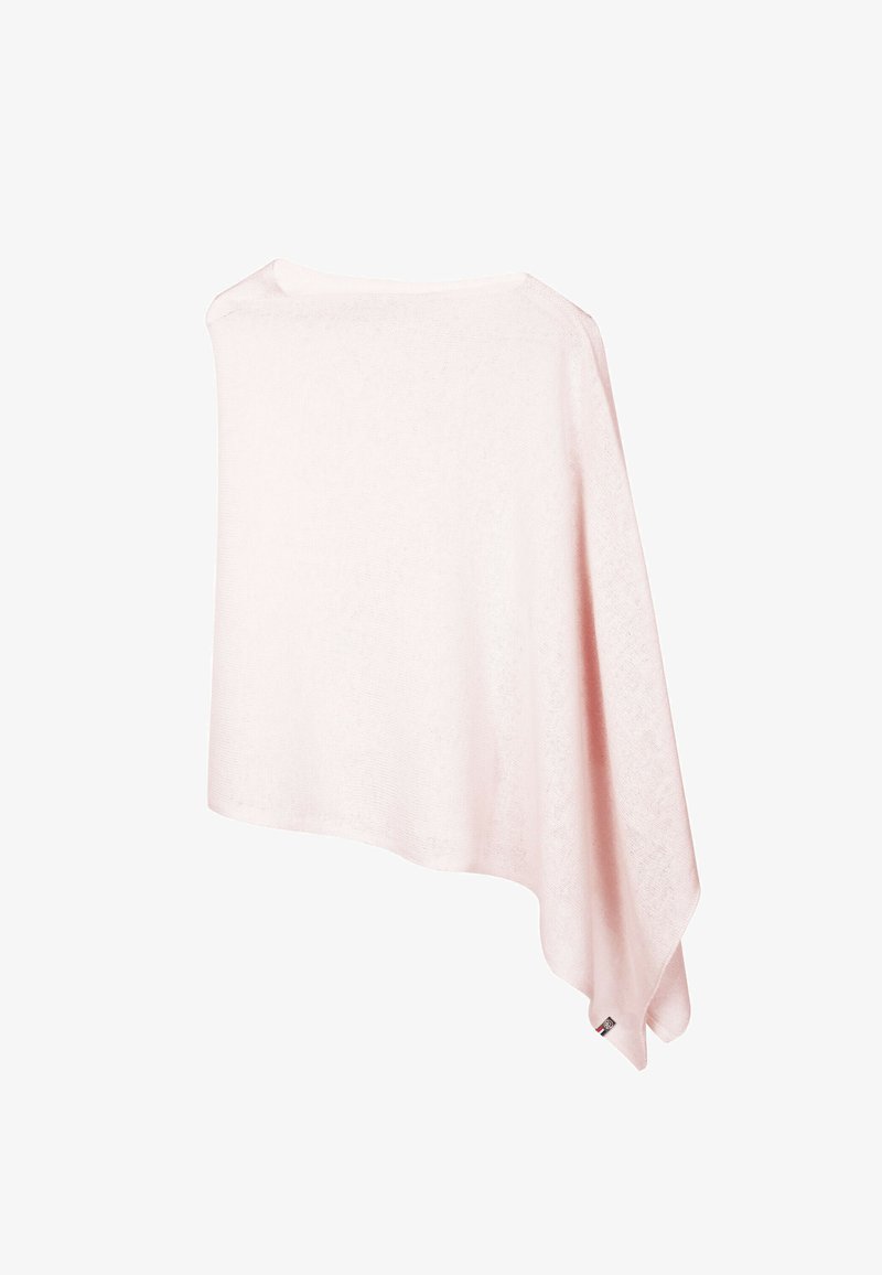 Écharpe rose, légère, avec une texture douce, de forme rectangulaire et un col rond. Présente une petite étiquette de marque dans un coin.