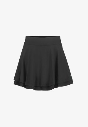 Schwarzer Skater-Rock aus weichem, dehnbarem Stoff. Verfügt über einen glatten Bund und ein mehrlagiges Rüschendesign am Saum.