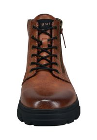 Braunes Leder-Ankle-Boot mit schwarzen Schnürsenkeln, einem seitlichen Reißverschluss, runder Spitze und strukturiertem Finish. Dicke Gummisohle für Halt.