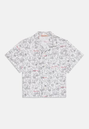 Short-sleeved shirt made of white fabric featuring black line drawings of dogs with red accents. Includes a notched collar and button front.