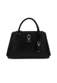 Borsa a mano sintetica nera con design strutturato, doppi manici, chiusura con zip e dettagli in oro. Include un pendant decorativo.