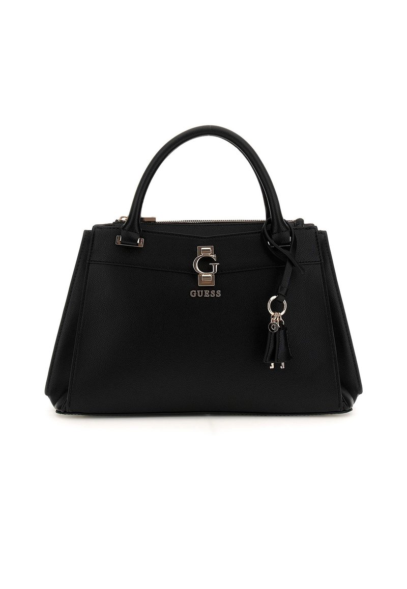 Borsa a mano sintetica nera con design strutturato, doppi manici, chiusura con zip e dettagli in oro. Include un pendant decorativo.