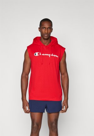 Rode mouwloze hoodie van katoen, voorzien van een groot wit 'Champion' logo op de borst, een capuchon met trekkoorden en een comfortabele pasvorm.