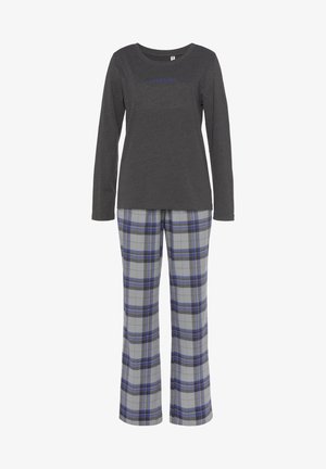 Gray long-sleeve top with "... and relax" text; matching gray and blue plaid pants with wide legs, made of soft fabric.